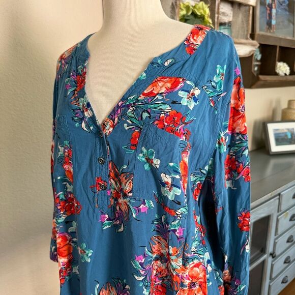 Torrid Womens Floral Rayon Challis 3/4 Sleeve Harper Blouse Blue Multi Size 3/3X - Picture 4 of 9